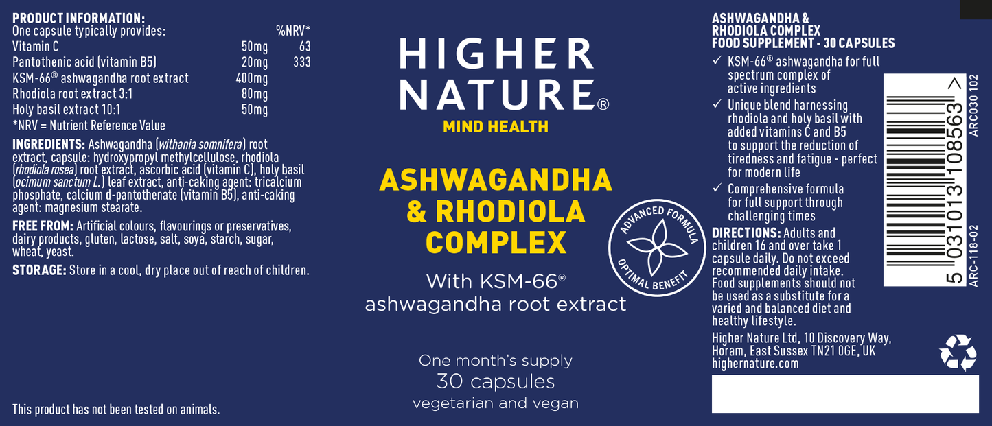 Higher Nature Ashwagandha & Rhodiola Complex 30's