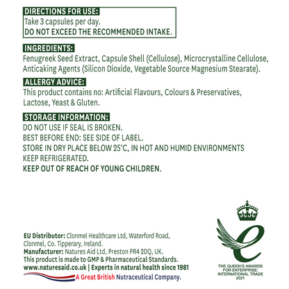 Natures Aid Fenugreek (Standardised) 500mg 90's