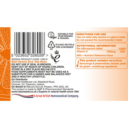 Natures Aid High Strength Vitamin C Immune Support 1000mg Natural Orange Flavour Effervescent 20's