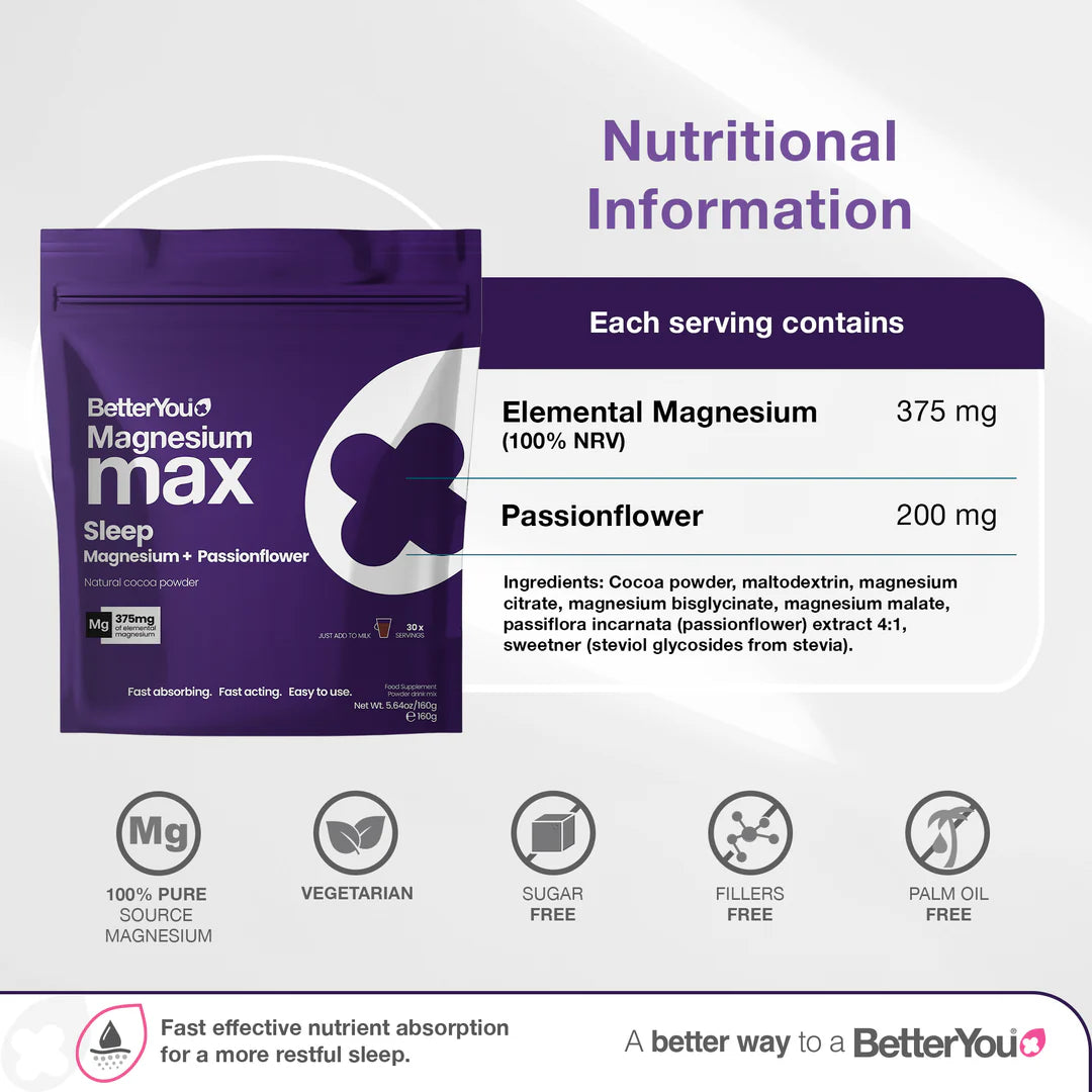 BetterYou Magnesium Max Sleep Powder, Natural Cocoa 160 grams