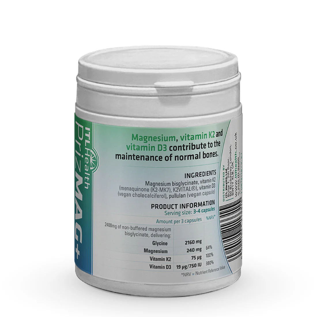 ITL Health PrizMAG+ Pure Magnesium Bisglycinate + Vitamin K2 & D3 90s