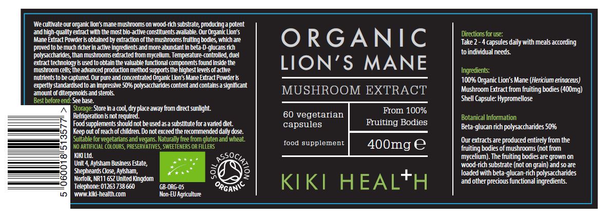 Kiki Health Organic Lion's Mane Mushroom Extract Capsules 60's